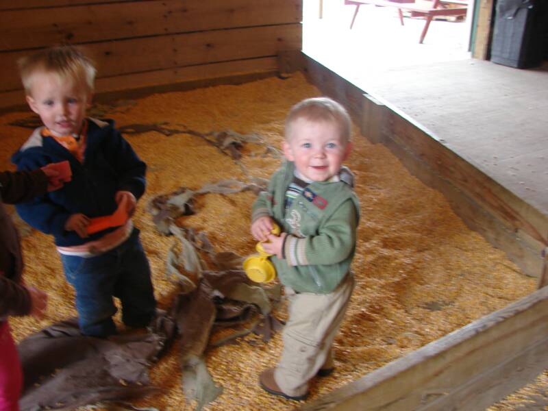 Austin and David playing in the corn box